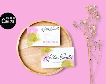 Tarjeta de visita editable con trazo de pincel rosa, tarjeta de visita con brillo dorado, tarjeta de visita, tarjeta de visita DIY, plantilla Canva