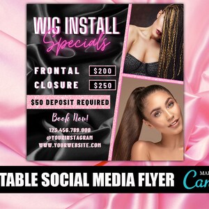 Wig Install Specials Flyer, DIY Hair Salon Appointment Book Now Sale Bundles Wigs Booking Salon Price List Editable Canva Flyer Template