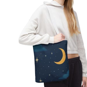 Night Sky Tote Bag  Celestial Canvas Shopping Tote, Moon and Stars Handbag, Cosmic Gift for Astronomy Lovers, Starry Reusable Bag