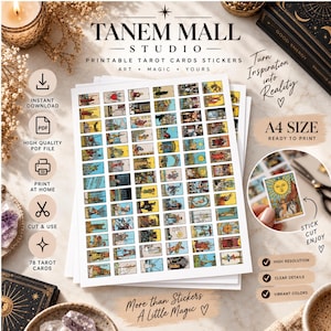 May include: A printable sheet of 78 miniature tarot card stickers labeled Tanem Mall Studio. The sheet features a grid of colorful, detailed tarot illustrations in an A4 size format. A circular inset shows a single cut-out Sun tarot card sticker.
