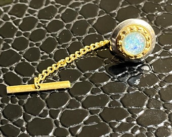 Vintage Faux Opal Silver & Gold Tone Tie Tack with Chain
