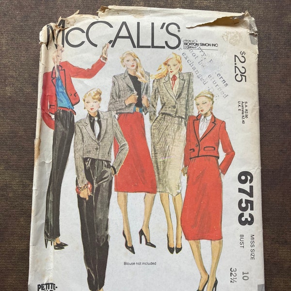 Vintage McCall's Sewing Pattern 6753 Miss Size 10 Jacket, Skirt, and Pants