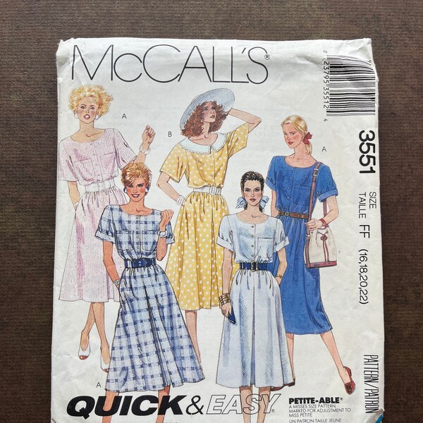 Vintage McCall's Sewing Pattern 3551 Misses Dress Size 16-22 UNCUT