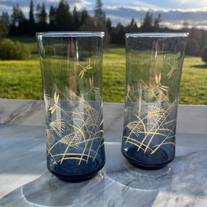 Vintage Libbey Bolero Wheat and Dragonfly Blue 6.5&quot; Beverage Glasses Set of 2