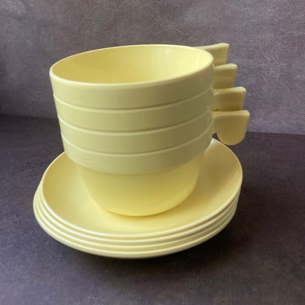 Vintage Yellow Melamine Cup and Saucer Set of 4