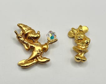 Vintage Disney Gold Tone Brooches Mickey Mouse Sorcerer’s Apprentice with Crystal and Minnie Mouse Bow Pin