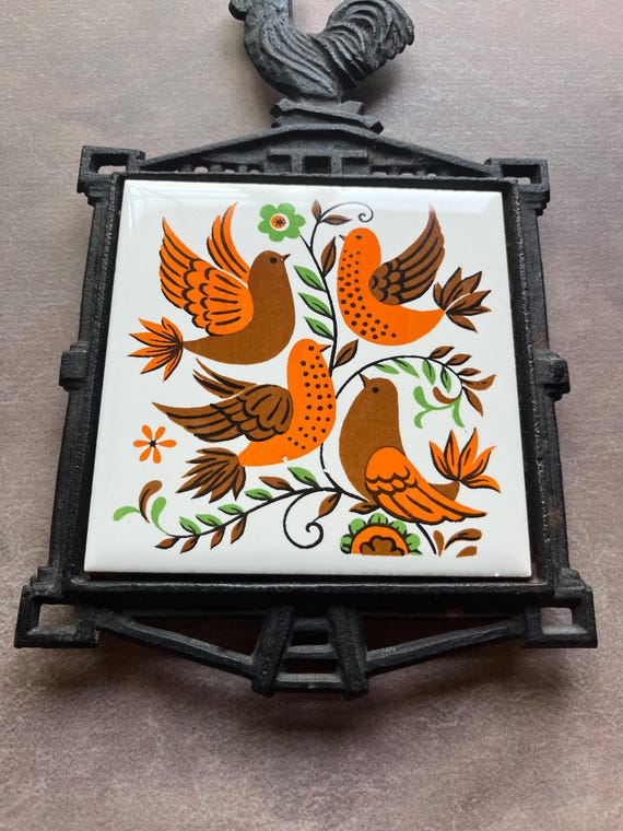 Vintage Enesco Farmhouse Kitchen Bird Tile Trivet With Wrought
