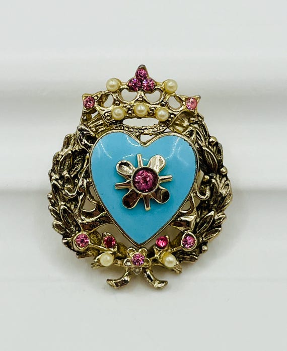 Vintage Coro Blue Enamel Heart Brooch Pink Rhinestone… - Gem