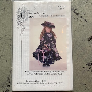 May include: A sewing pattern for a doll dress, pantaloons, and half slip. The pattern is designed for a 31-33 inch doll. The pattern is from Lavender & Lace and includes complete easy to sew instructions.