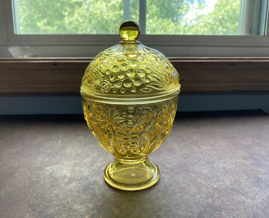Vintage Avon Yellow Glass Candy Dish With Lid Etsy