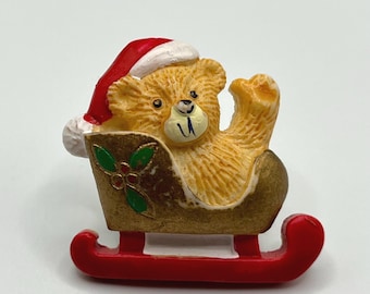 Vintage Christmas Teddy Bear Holiday Sleigh Brooch Pin
