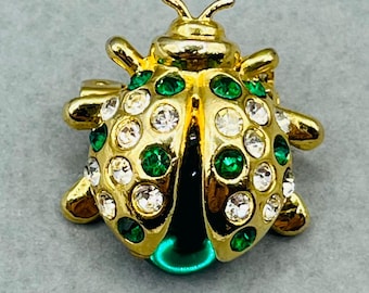 Vintage Christian Dior Ladybug Brooch, Gold Tone Rhinestone