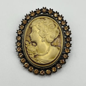 Vintage Amber Rhinestone Cameo Convertible Brooch Pendant