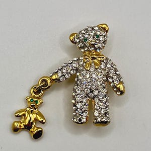 Vintage Carolee Teddy Bear Brooch with Dangling Cub ~ Gold Tone & Rhinestones ~