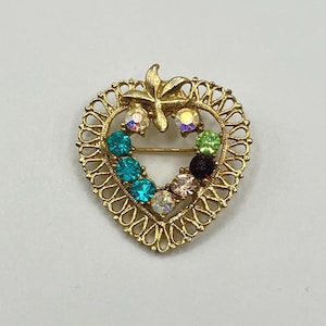 Vintage Gold Tone Filigree Heart Brooch with Multicolor Rhinestones