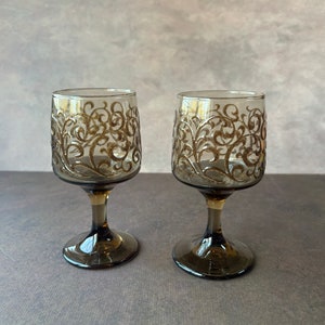 Vintage Libbey Prado Brown Swirl Wine Goblets / Glasses Set of 2
