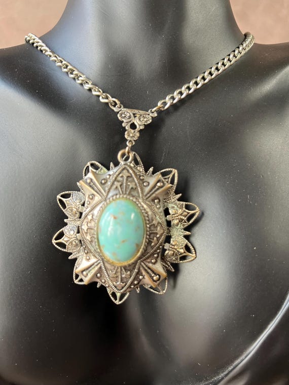 Pendentif Bouclier & Boucles D'Oreilles Turquoise - Style Seventies - Neuf Sans Emballage