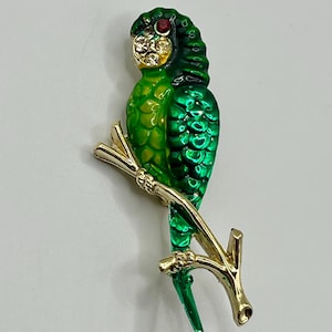 Vintage Green Enamel Parrot Brooch with Rhinestone Accents