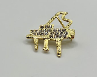 Vintage Gold Tone Grand Piano Brooch with Clear Rhinestones