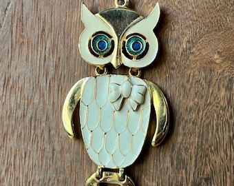 Vintage Owl Pendant Necklace ~ Gold-Tone & Enamel Statement Necklace