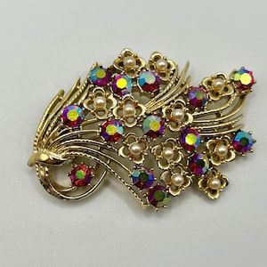 Vintage Coro Floral Spray Brooch ~ 1950s Aurora Borealis Rhinestones & Faux Pearls