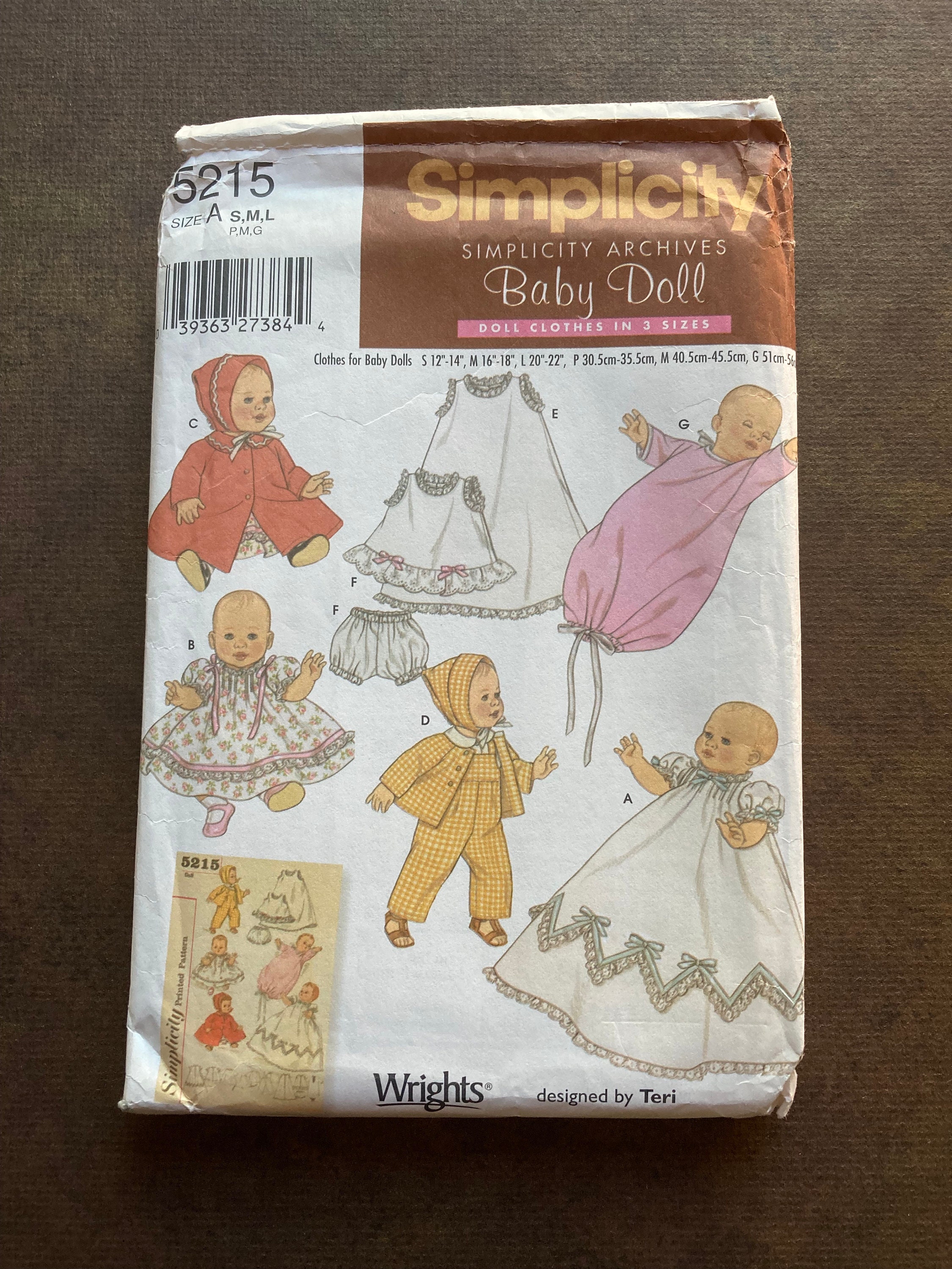 Simplicity Crafts 5215 Baby Doll Clothes Pattern 12-14” 16-18 20