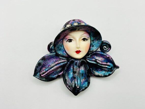 Vintage Iridescent Purple Fantasy Lady Face Brooch ~ 1980s Hand Painted Porcelain
