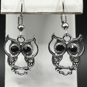 Vintage Silver-Tone Owl Dangle Earrings with Black and Clear Rhinestones
