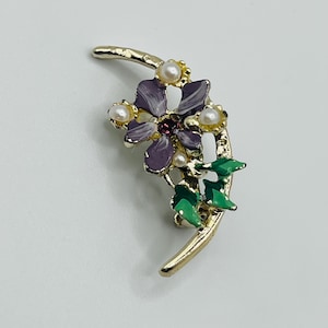 Vintage Silver Tone Purple Enamel Flower with Faux Pearls Brooch Pin
