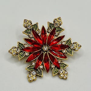Vintage Red Rhinestone Holiday Poinsettia Snowflake Brooch Pin