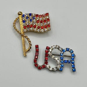 Vintage Patriotic Brooch Set ~ USA Rhinestone Pin & American Flag Brooch Red White Blue