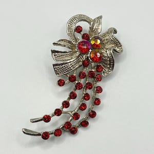 Vintage Silver Tone Red Aurora Rhinestone Ribbon with Cascading Red Rhinestones Brooch Pin