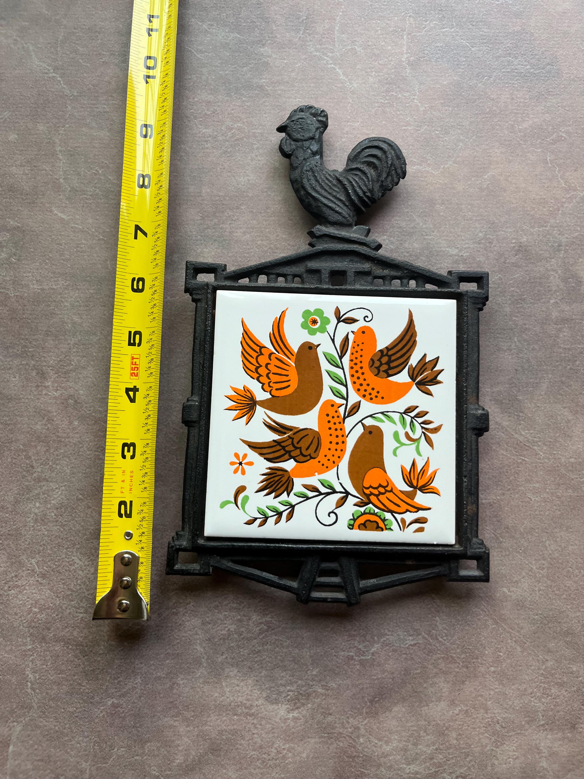 Vintage Enesco Farmhouse Kitchen Bird Tile Trivet With Wrought