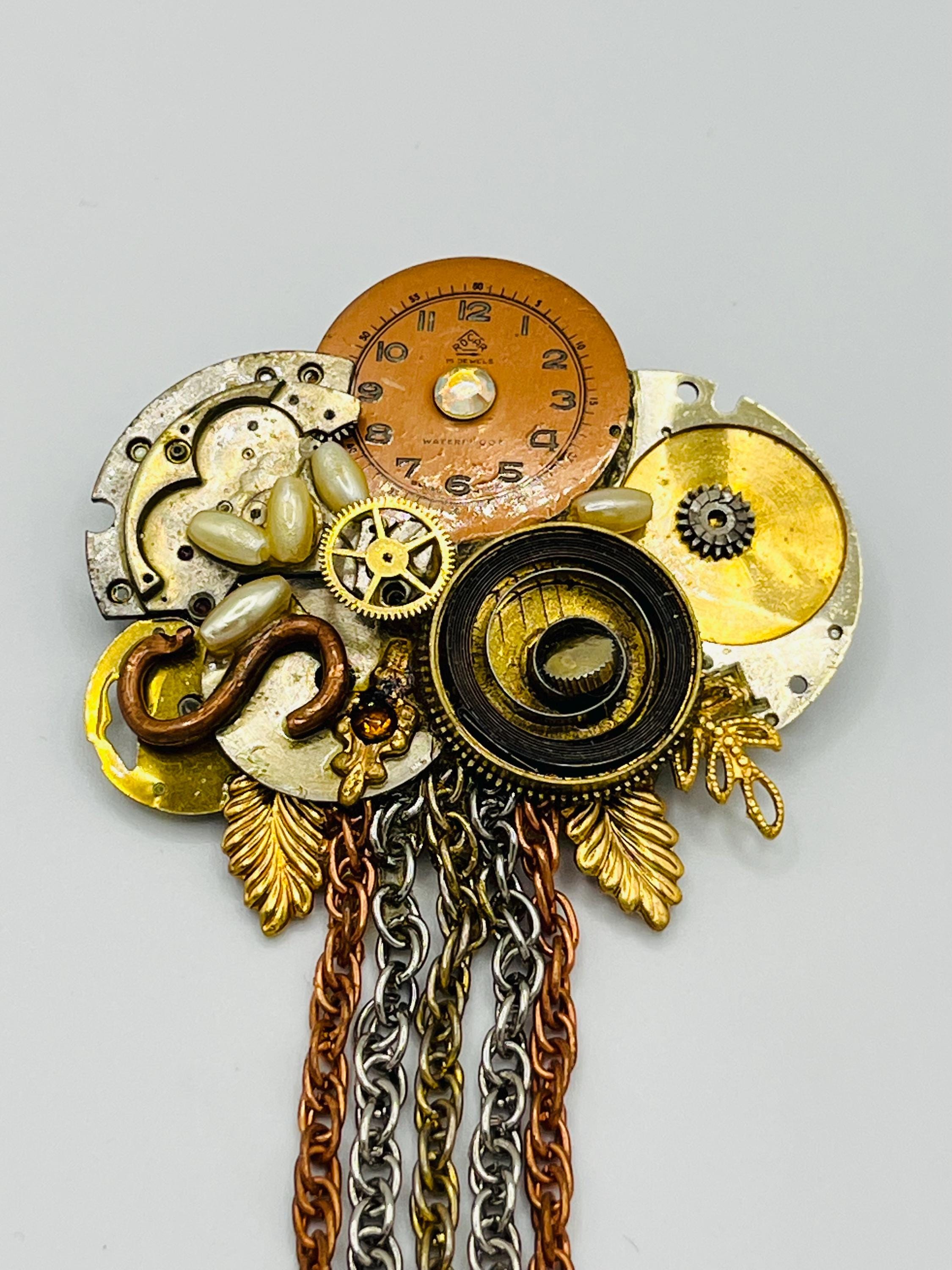 ヴィンテージ ハンドメイド スチームパンク クロック ブローチ ピン