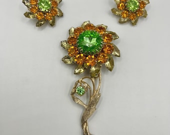 Vintage Judy Lee Rhinestone Floral Brooch and Clip On Earrings Set ~ 1960s Gold Tone Green & Amber Sparkle