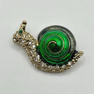 Vintage Green Enamel Snail Brooch with Rhinestone Accents