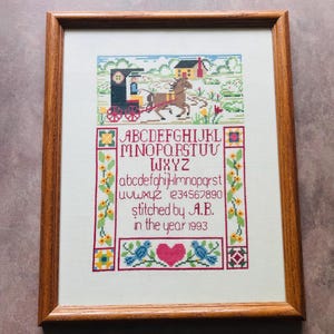 Vintage Framed Cross Stitch Alphabet with Amish Horse and Buggy ~ 15&quot;x12&quot;