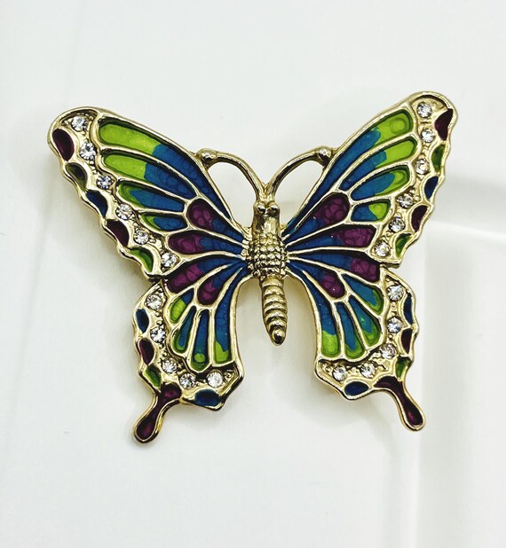Vintage Colorful Enamel Butterfly Brooch Gold Tone Rhinestone Butterfly