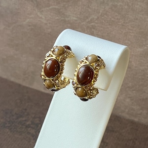 Vintage Costume Jewelry Gold Tone and Brown Stone Clip On Earrings