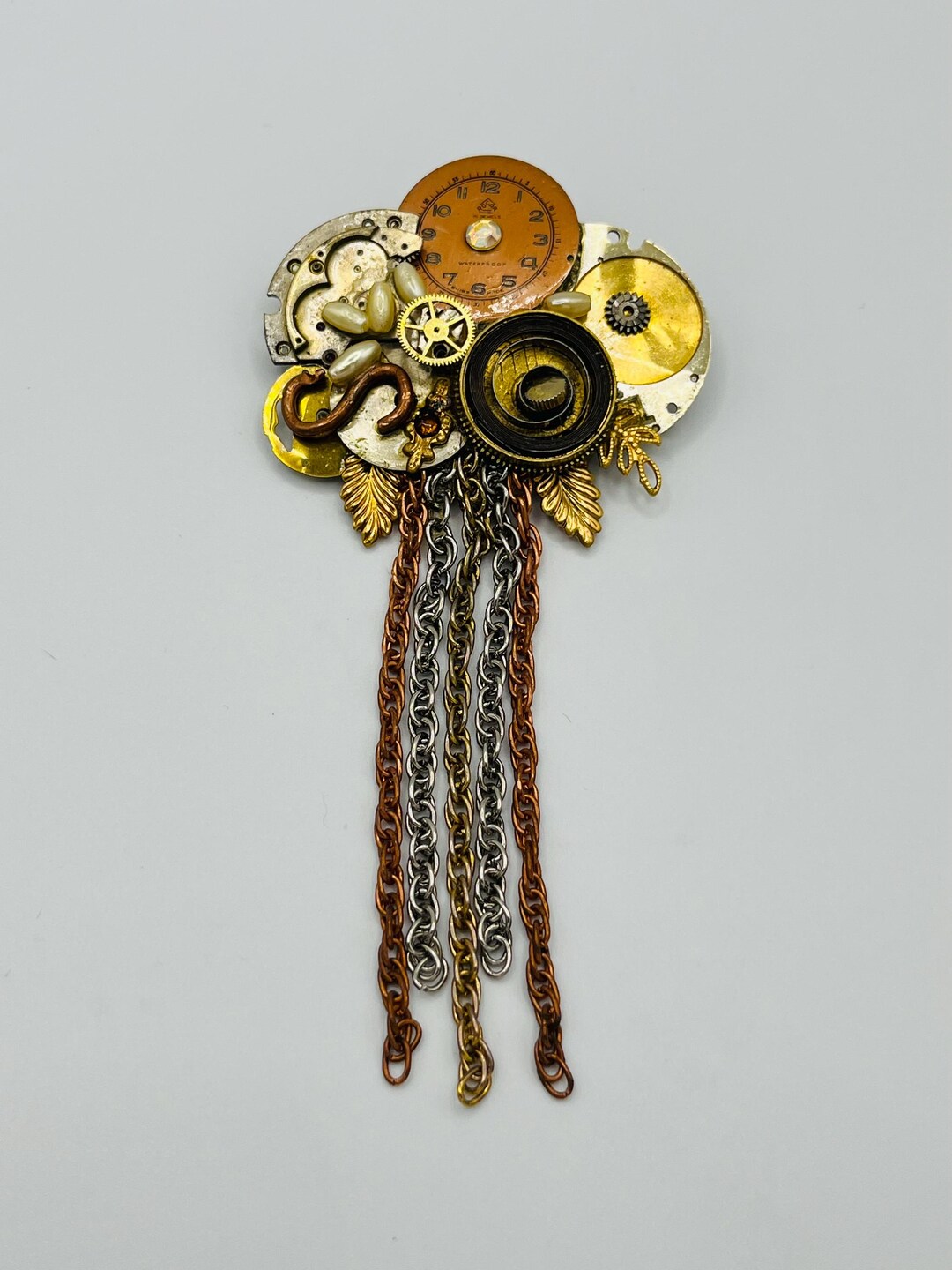 ヴィンテージ ハンドメイド スチームパンク クロック ブローチ ピン