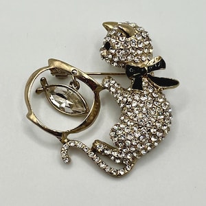 Vintage Pavé Rhinestone Cat with Fishbowl Brooch ~ Gold Tone & Black Enamel Bow