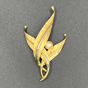 Vintage Gold Tone Leaf and Faux Pearl Brooch Pin by Marcel Boucher