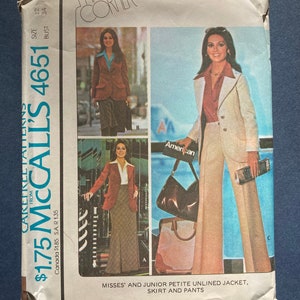 May include: A vintage sewing pattern for a jacket, skirt, and pants. The pattern is for misses' and junior petite sizes. The pattern is from McCall's and the number is 4651.