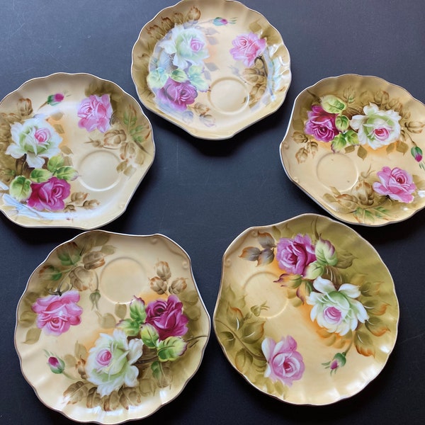 Vintage Lefton Shell Shaped Hand Painted Rose Snack Plates Set of 5