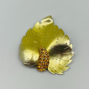 Vintage Gold Tone and Amber Rhinestone Leaf Brooch Pin