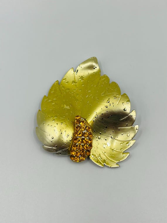 Broche Vintage Feuilles En Ambre - Bijou Ancien Plaqué Or, Motif Feuillage Orange