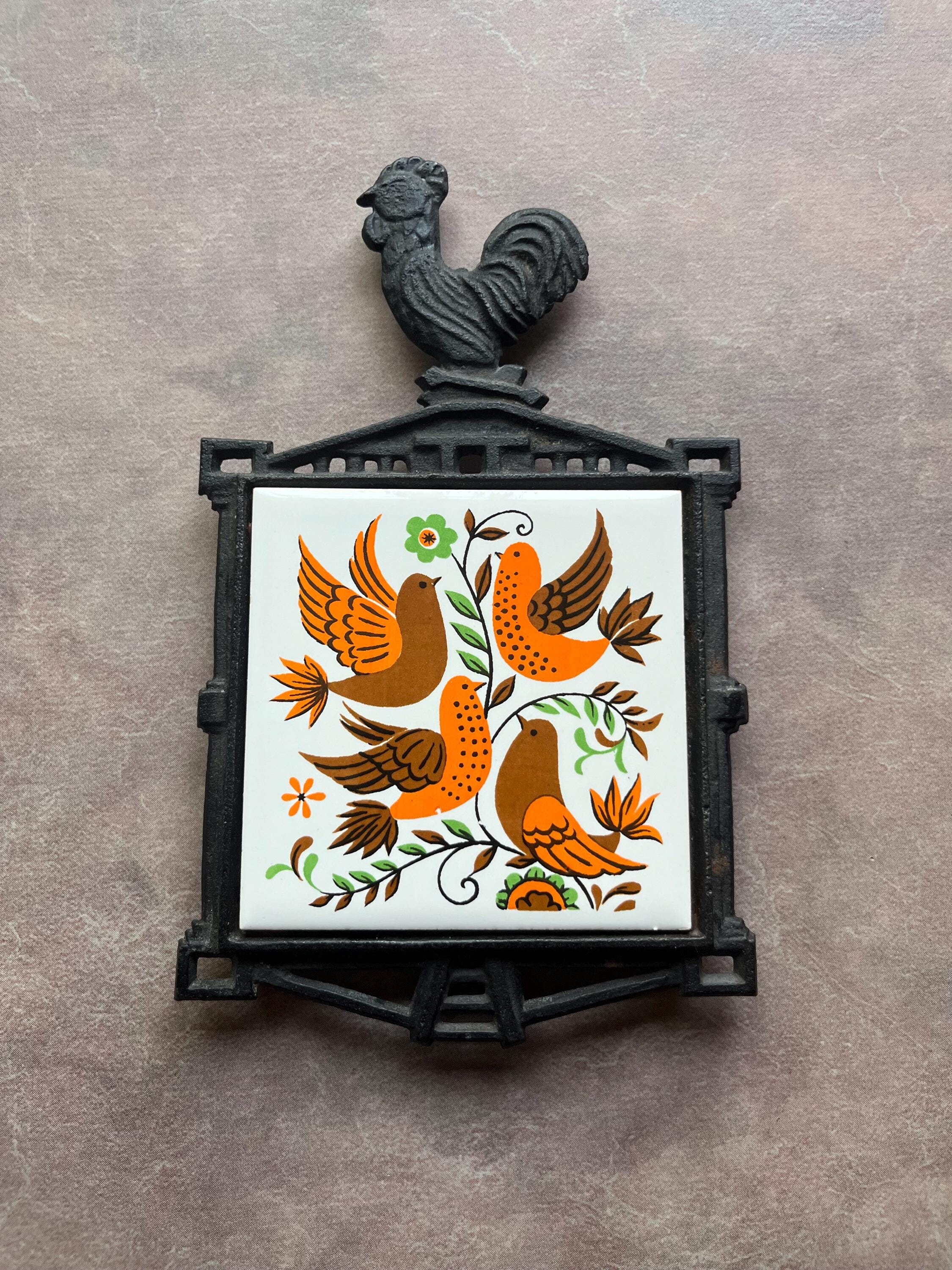 Vintage Enesco Farmhouse Kitchen Bird Tile Trivet With Wrought