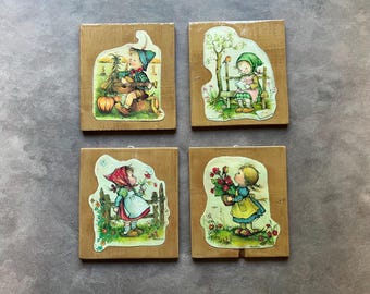 Vintage feito à mão Decoupaged Anneliese Art em madeira Conjunto de 4