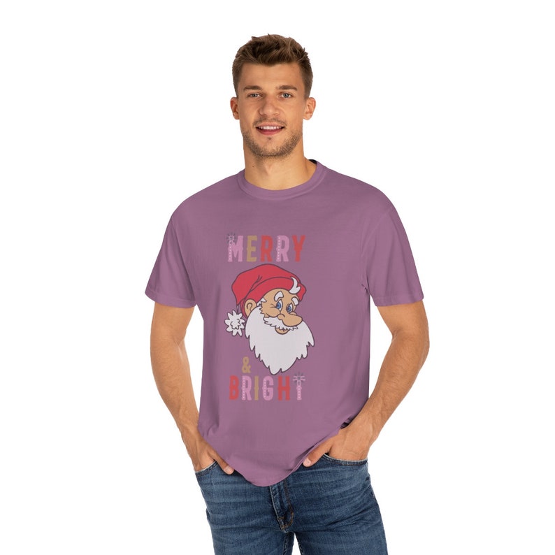 Comfort Colors Merry and Bright Santa Christmas Graphic T-shirt, Comfort Colors Trendy Christmas Shirt, Vintage Christmas Tee image 3