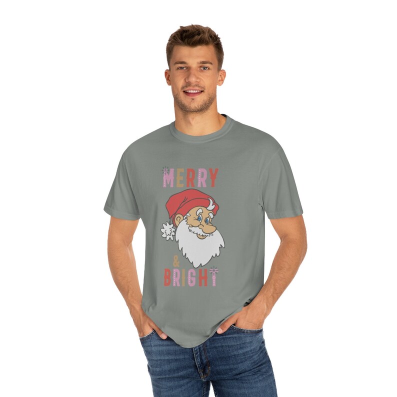Comfort Colors Merry and Bright Santa Christmas Graphic T-shirt, Comfort Colors Trendy Christmas Shirt, Vintage Christmas Tee image 4